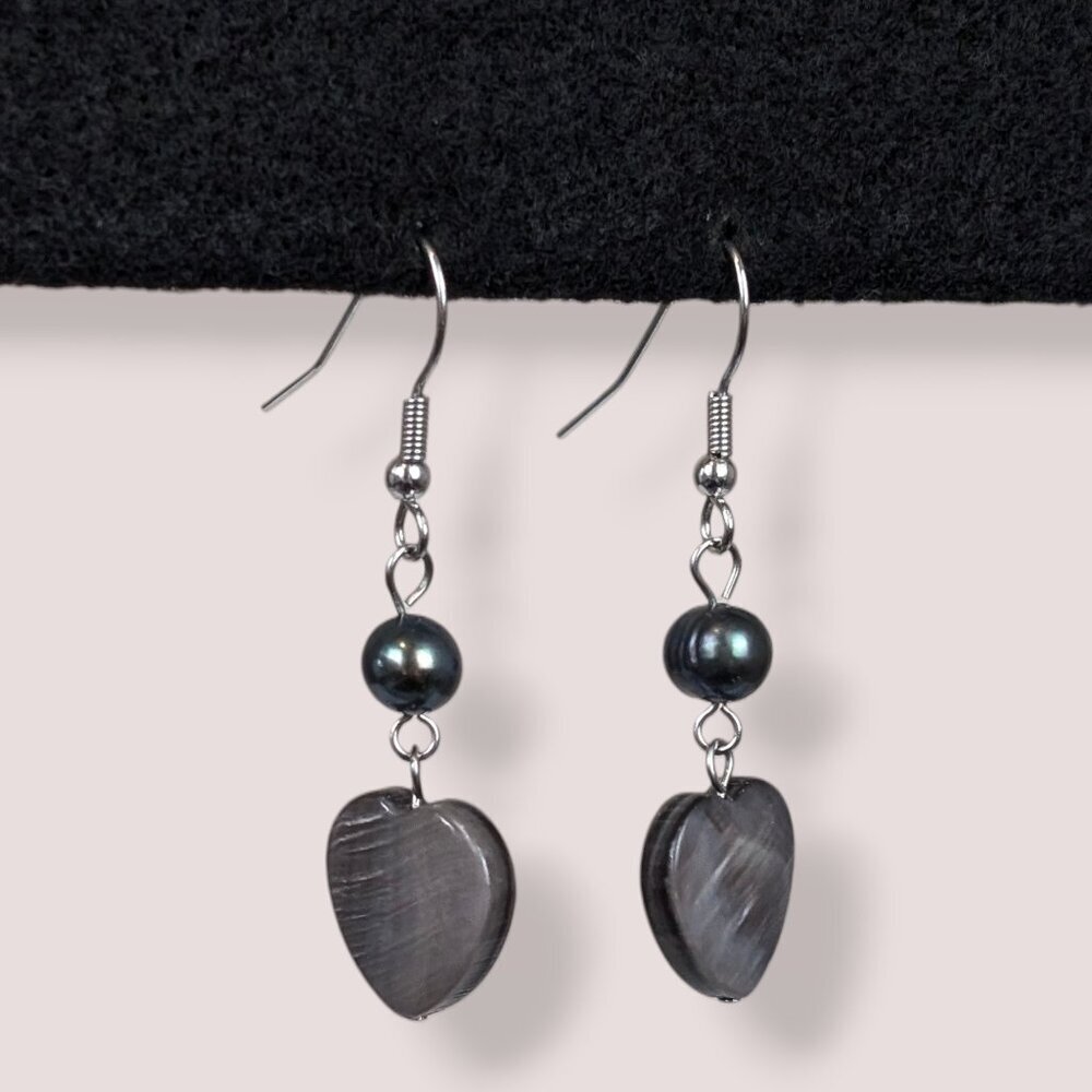 Black Freshwater Pearl & Abalone Heart Earrings